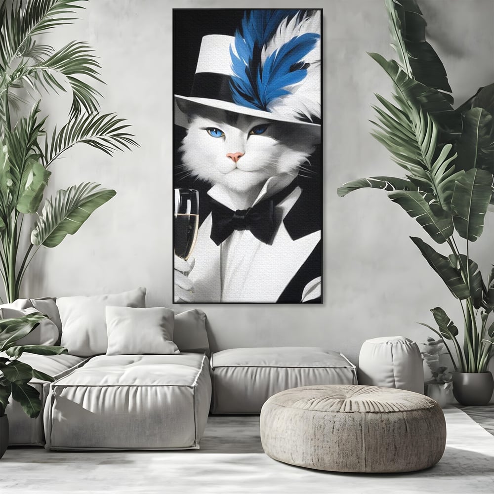 Tablou canvas cu tablou canvas cu pisica aristocrata in costum, in rama de aluminiu negru, pe perete intr-un living